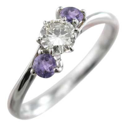 10金ホワイトゴールド アメシスト(紫水晶) 2月誕生石 リング スリーストーンの画像