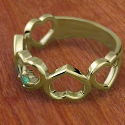指輪 ハート 5月の誕生石 一粒石 18金イエローゴールド エメラルド 5連ハートの画像