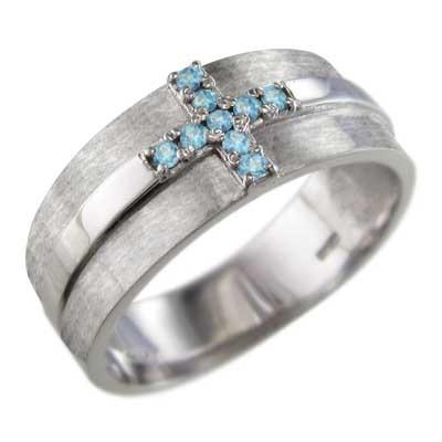 リング 幅広 リング クロス十字架 ブルートパーズ(青) 11月誕生石 10金ホワイトゴールド リング 幅広 リング クロス十字架 ブルートパーズ(青) 11月誕生石 10金
