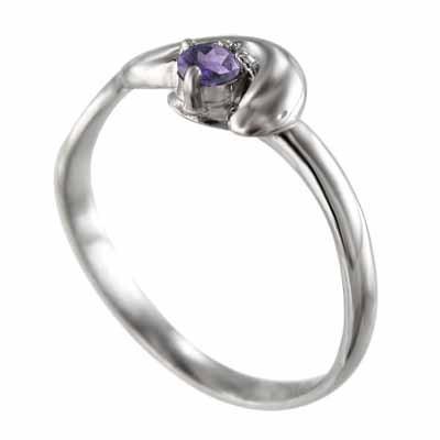一粒石 リング ホワイトゴールドk10 2月誕生石 アメジスト(紫水晶) 蛇の画像