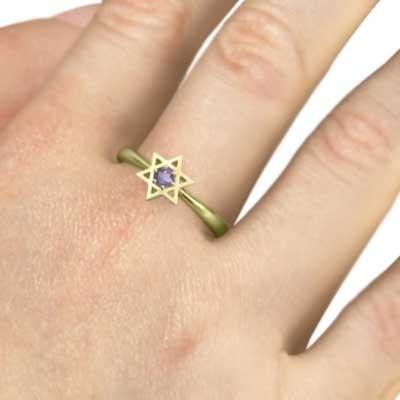 スター アメジスト(紫水晶) 六芒星 リング 一粒石 18金イエローゴールド 2月誕生石の画像