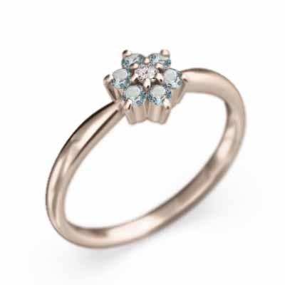 フラワー 天然ダイヤモンド 3月の誕生石 アクアマリン k10ピンクゴールド リングの画像