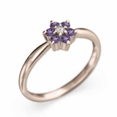 アメジスト(紫水晶) ピンクゴールドk18 フラワー リング 2月誕生石 天然ダイヤモンドの画像