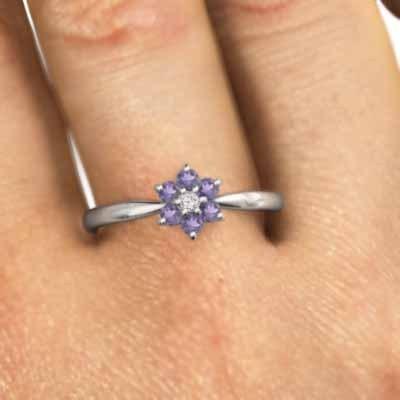 フラワー リング 天然ダイヤモンド 18金ホワイトゴールド 2月誕生石 アメジスト(紫水晶)の画像