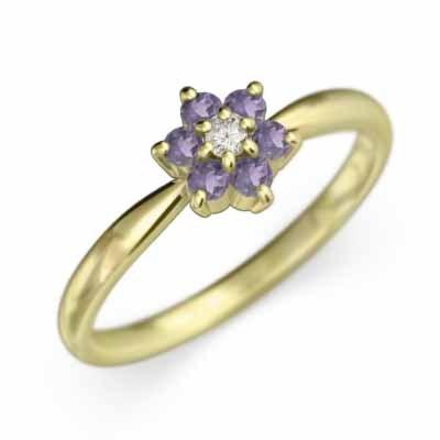 アメジスト(紫水晶) フラワー 天然ダイヤモンド 2月誕生石 イエローゴールドk18 リングの画像