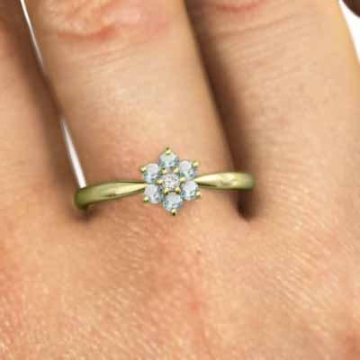 3月の誕生石 天然ダイヤモンド リング アクアマリン フラワー k18イエローゴールドの画像