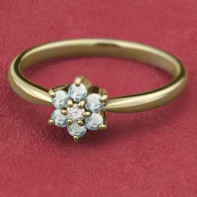 3月の誕生石 天然ダイヤモンド リング アクアマリン フラワー k18イエローゴールドの画像