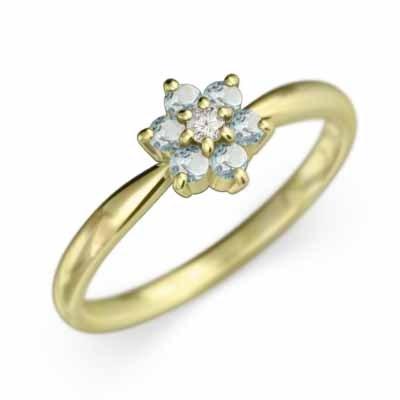 3月の誕生石 天然ダイヤモンド リング アクアマリン フラワー k18イエローゴールドの画像