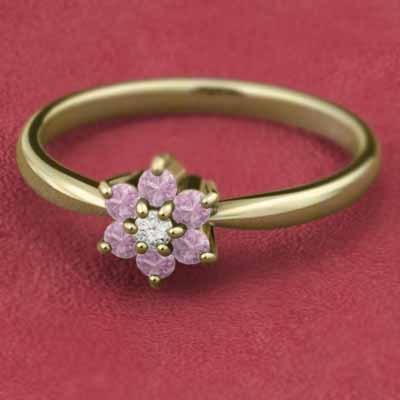 ピンクサファイヤ リング 18金イエローゴールド 9月の誕生石 天然ダイヤモンド フラワーの画像