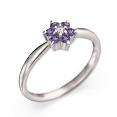 アメシスト(紫水晶) フラワー 白金（プラチナ）900 天然ダイヤモンド リング 2月誕生石の画像