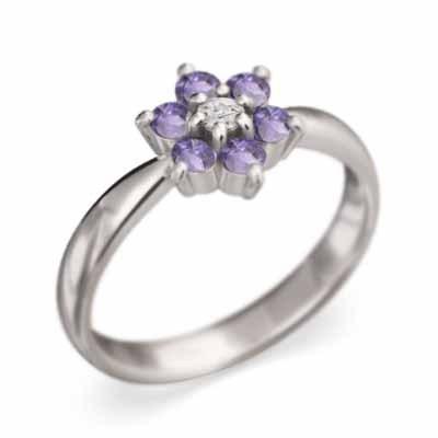 18金ホワイトゴールド フラワー リング アメジスト(紫水晶) 2月誕生石の画像