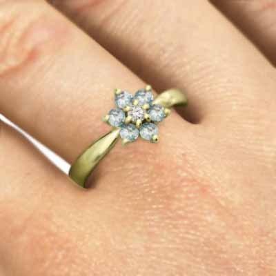 指輪 3月の誕生石 フラワー k18イエローゴールド アクアマリンの画像