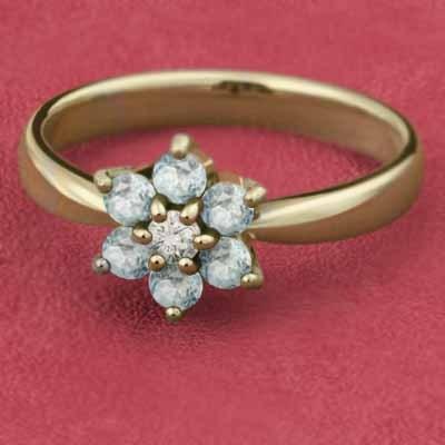 指輪 3月の誕生石 フラワー k18イエローゴールド アクアマリンの画像