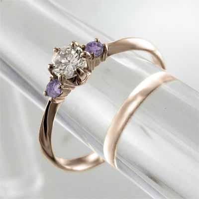 2月の誕生石 18金ピンクゴールド アメシスト(紫水晶) 天然ダイヤモンド リングの画像