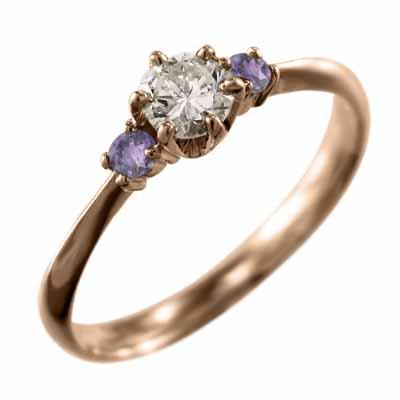 2月の誕生石 18金ピンクゴールド アメシスト(紫水晶) 天然ダイヤモンド リングの画像