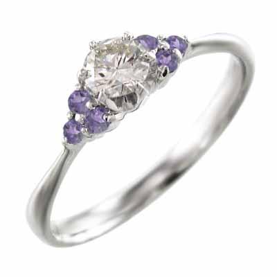 【良好品】 結婚指輪 オーダーメイド 天然ダイヤモンド アメジスト(紫水晶) にも 2月の誕生石 18金ホワイトゴールド エンゲージリング