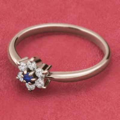 リング 天然ダイヤモンド 18金ピンクゴールド 9月の誕生石 サファイア(青) フラワーの画像