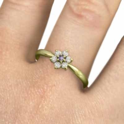 天然ダイヤモンド 18金イエローゴールド リング 2月の誕生石 アメシスト(紫水晶) フラワーの画像