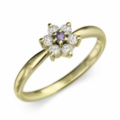 天然ダイヤモンド 18金イエローゴールド リング 2月の誕生石 アメシスト(紫水晶) フラワーの画像