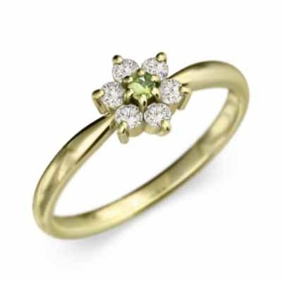 天然ダイヤモンド ペリドット 指輪 18金イエローゴールド フラワー 8月の誕生石の画像