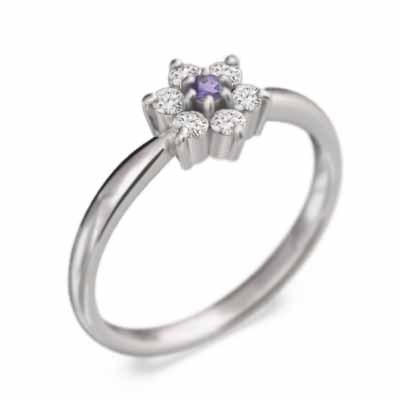 リング 天然ダイヤモンド アメシスト(紫水晶) フラワー 2月の誕生石 18金ホワイトゴールドの画像