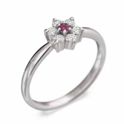 天然ダイヤモンド 7月の誕生石 リング フラワー ルビー 白金（プラチナ）900の画像