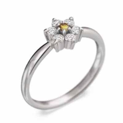 天然ダイヤモンド 指輪 11月の誕生石 プラチナ900 フラワー シトリン(黄水晶)の画像