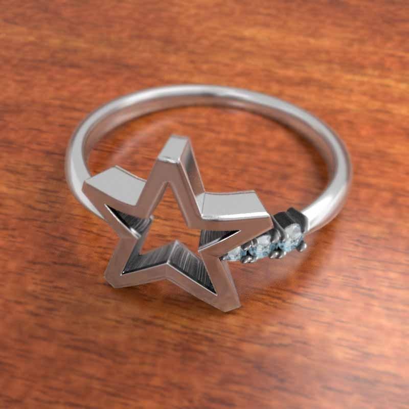 スター アクアマリン k18ホワイトゴールド 指輪 スリーストーン 3月の誕生石の画像