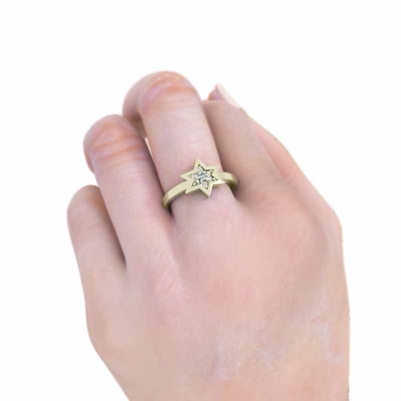 k10イエローゴールド リング 天然ダイヤモンド 3月誕生石 スター 六芒星 アクアマリンの画像
