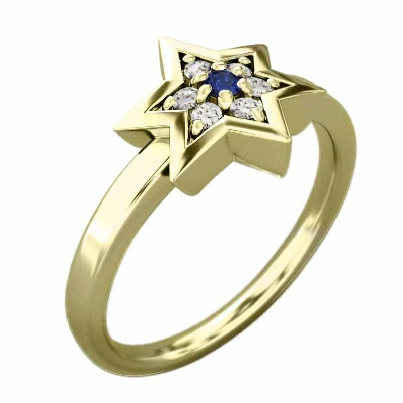 指輪 六芒星 サファイア 天然ダイヤモンド 9月誕生石 k18 六芒星小サイズ