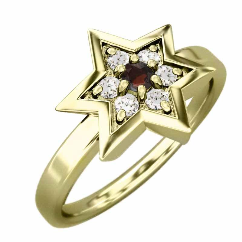 天然ダイヤモンド 六芒星 ガーネット リング 1月の誕生石 k18 スターの画像