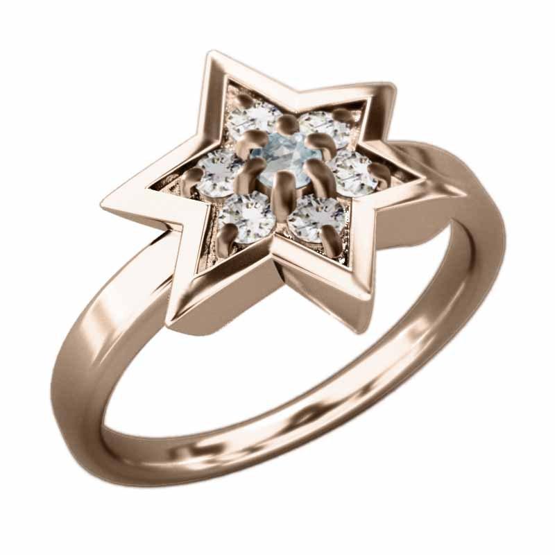 リング アクアマリン k10ピンクゴールド 六芒星 スター 天然ダイヤモンド 3月の誕生石の画像