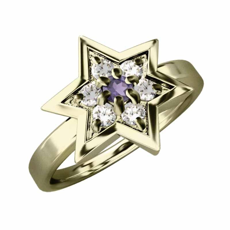 スター 天然ダイヤモンド 2月の誕生石 リング 六芒星 アメジスト(紫水晶) イエローゴールドk10の画像