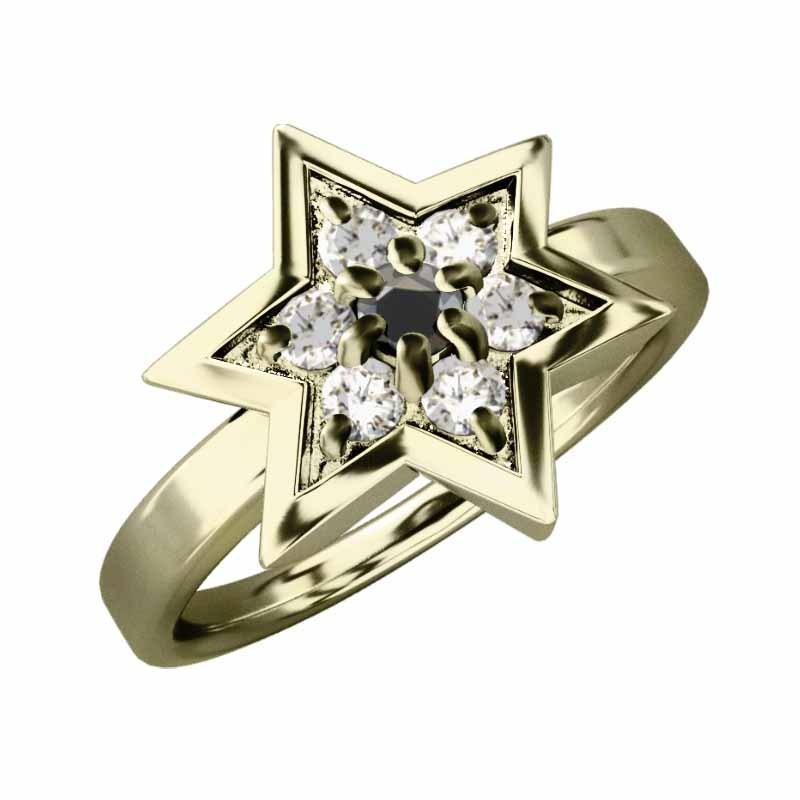 k10イエローゴールド 天然ダイヤモンド 六芒星 リング ブラックダイヤモンド(黒ダイヤ) スター 4月の誕生石の画像