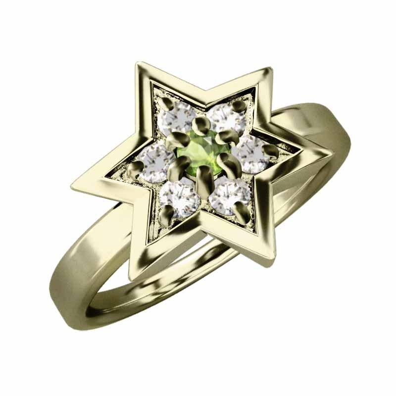 スター ペリドット 六芒星 天然ダイヤモンド 8月の誕生石 リング k10イエローゴールドの画像