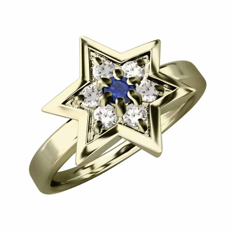 スター 天然ダイヤモンド 9月の誕生石 六芒星 サファイヤ イエローゴールドk10 リングの画像