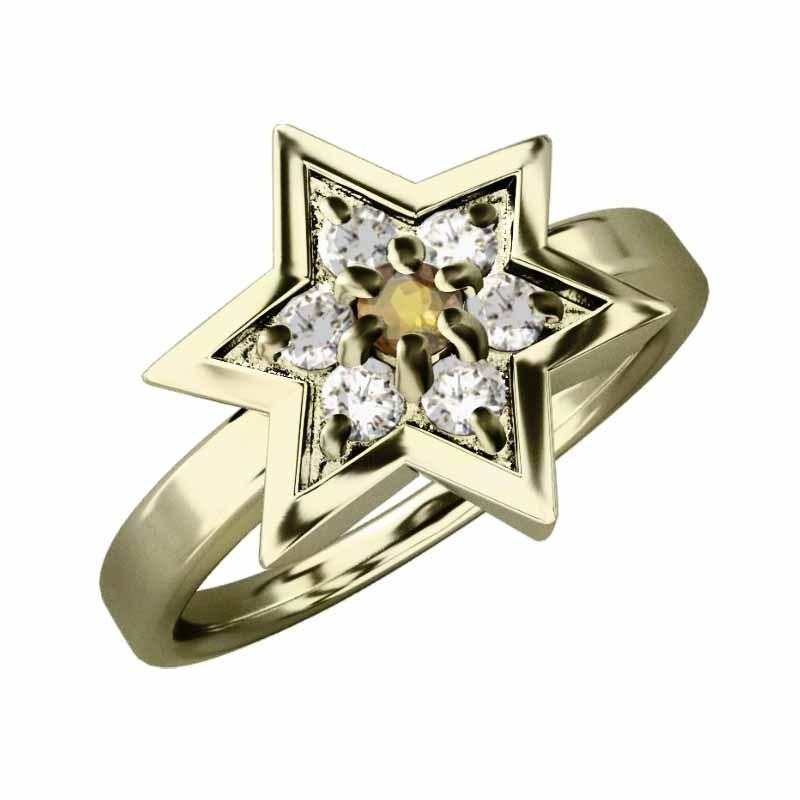 イエローゴールドk10 11月誕生石 (黄水晶)シトリン 天然ダイヤモンド リング 六芒星 スターの画像