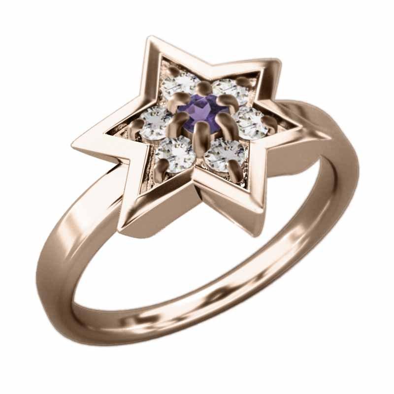 天然ダイヤモンド 六芒星 スター k18ピンクゴールド リング アメシスト(紫水晶) 2月の誕生石の画像