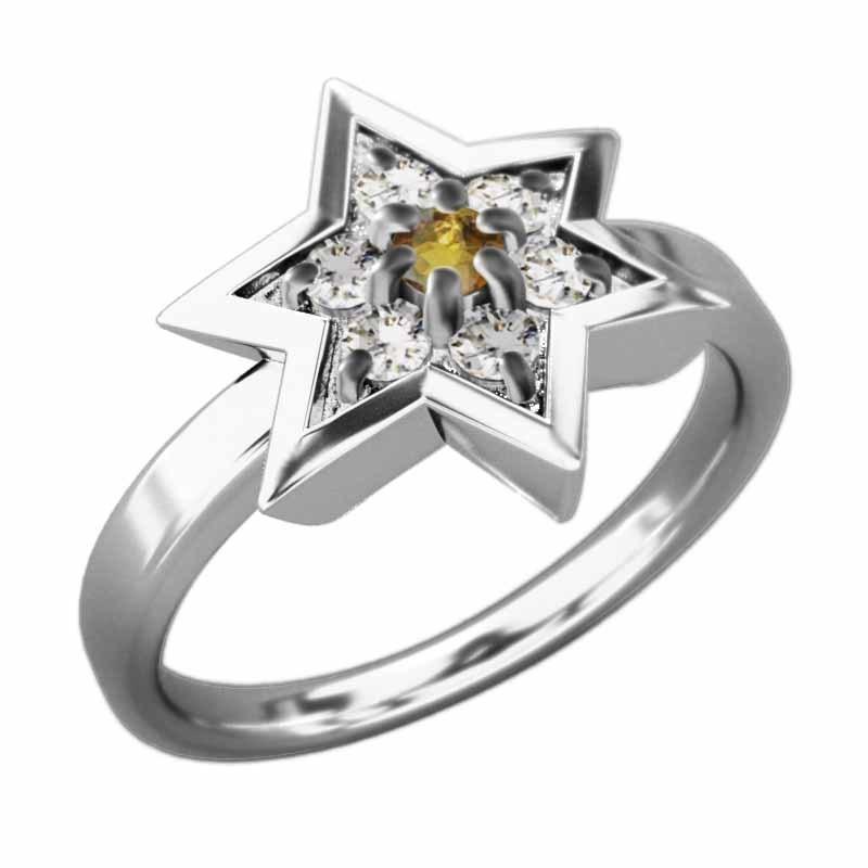 リング スター 天然ダイヤモンド (黄水晶)シトリン 六芒星 18金ホワイトゴールド 11月の誕生石の画像