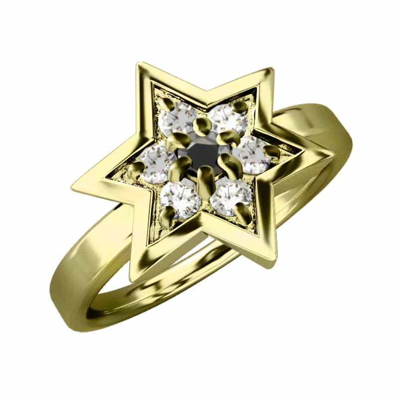 スター 指輪 ブラックダイアモンド 4月の誕生石 イエローゴールドk18 天然ダイヤモンド 六芒星の画像