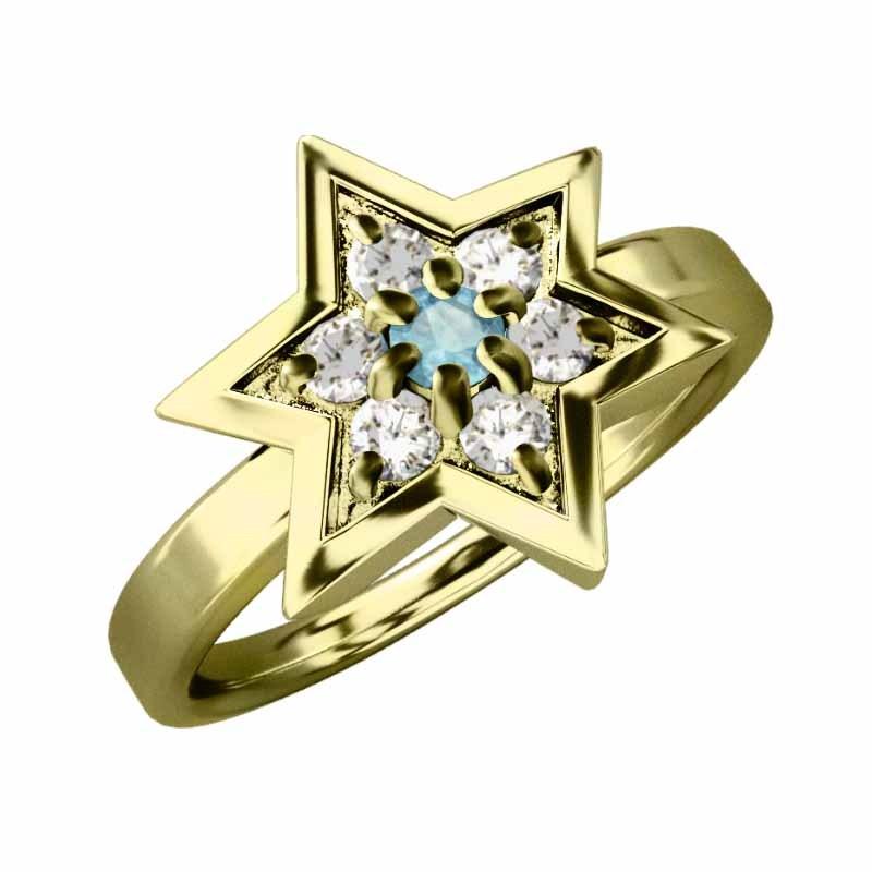 スター リング 11月の誕生石 ブルートパーズ(青) 六芒星 18金イエローゴールド 天然ダイヤモンドの画像