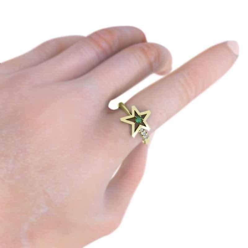 5月の誕生石 天然ダイヤモンド 指輪 スター エメラルド 18金イエローゴールドの画像