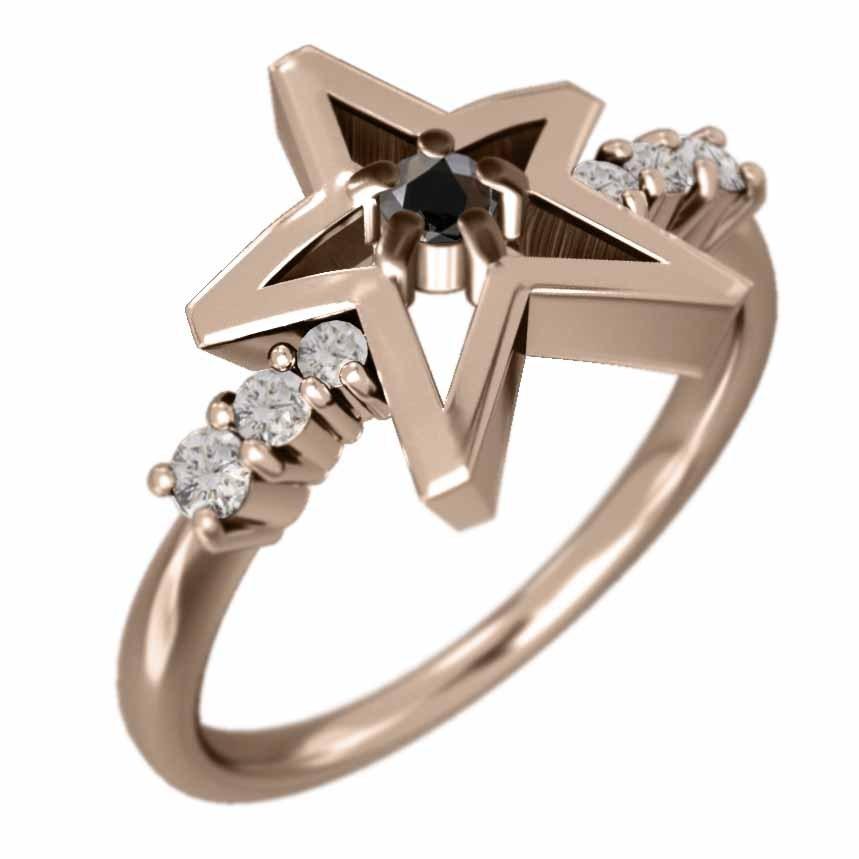 天然ダイヤモンド 指輪 スター ブラックダイアモンド k10ピンクゴールド 4月の誕生石の画像