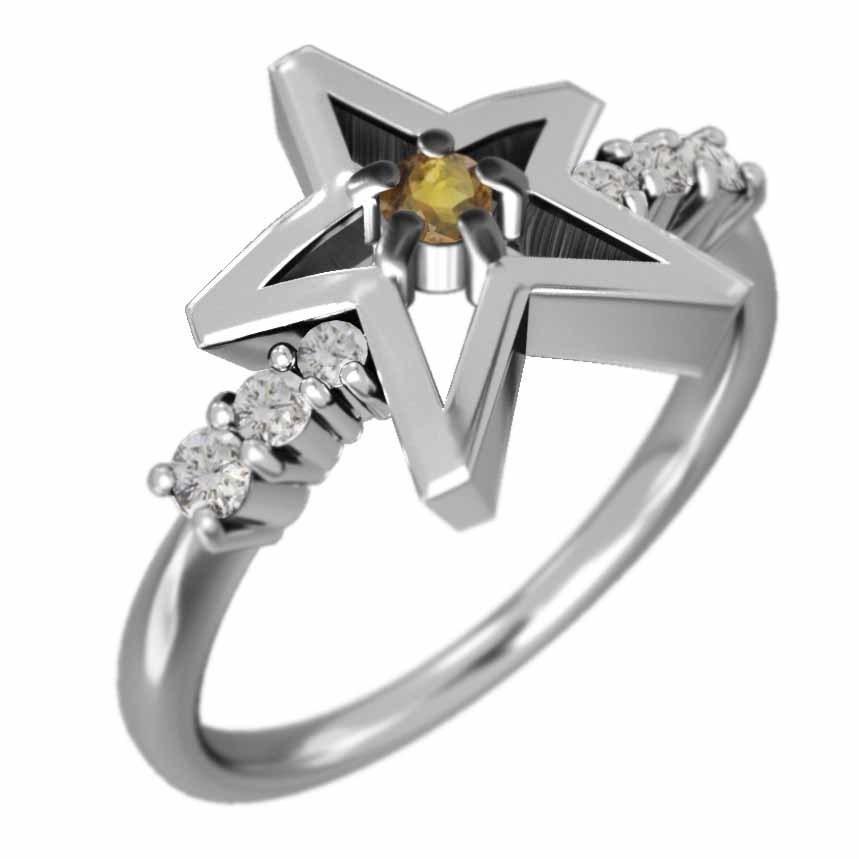 4年保証 指輪 スター ヘッド シトリントパーズ 天然ダイヤモンド 10金ホワイトゴールド 11月誕生石