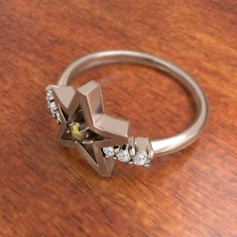 スター k18ピンクゴールド シトリン(黄水晶) 天然ダイヤモンド 11月の誕生石 指輪の画像