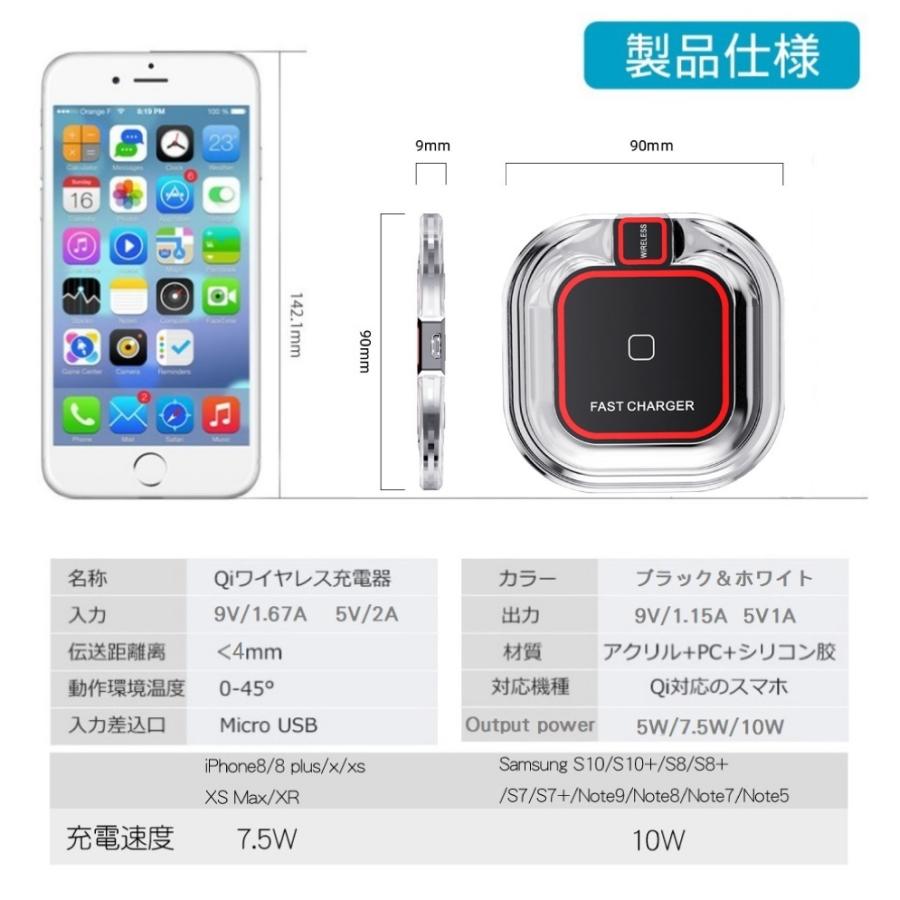 Qi認証 ワイヤレス充電器 USBケーブル付き Qi対応全機種 置くだけ充電  10W シングルコイル Qi チー 規格 無接点充電パッド iPhone X iPhone XS Max｜skybird｜11