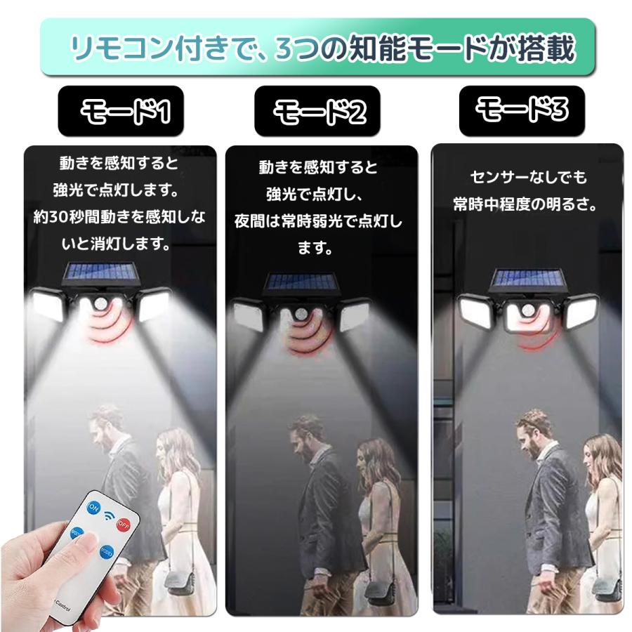 ★3面発光★ 人感センサーライト リモコン付 LED IP65 防水 防塵 ソーラーライト人感センサーライト 3面発光LED3モード太陽光発電 360度