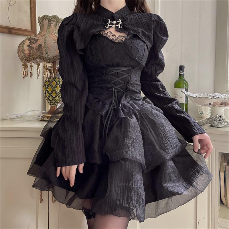 ゴシックまっ黒い系 ロリータ 姫御前 ふんわりスコート 成年者用 黒いこと衣装 歳月 ハロウィン御召しもの 黒