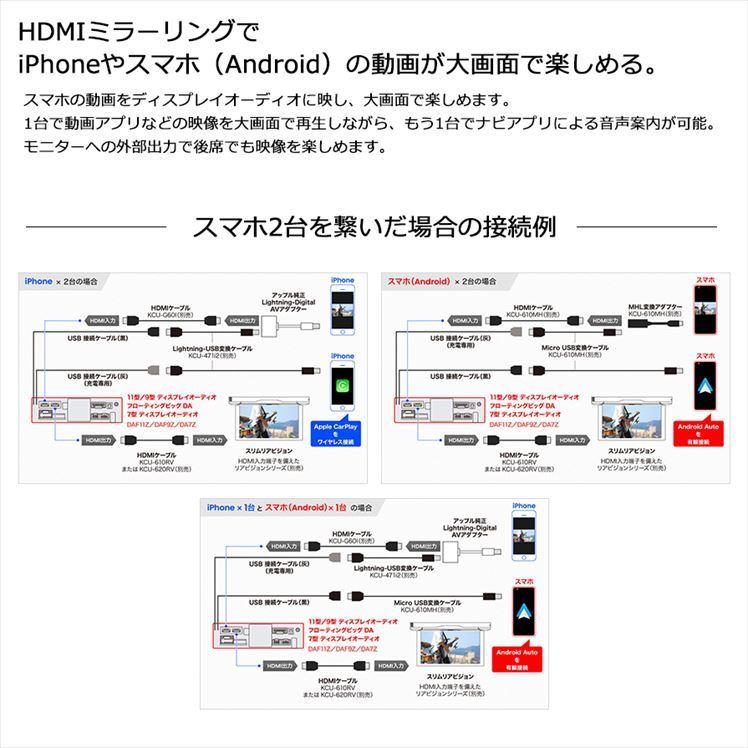 iPhone androidのアプリを車内でも快適に HDMI接続でスマートフォンのミラーリングが可能 CarPlay 1DINディスプレイオーディオ  アルパイン HDMI Bluetooth 9型フローティング apple androidauto対応USB  ハイレゾ再生にも対応した大画面9インチ1DINモデル ビッグDA DAF9Z