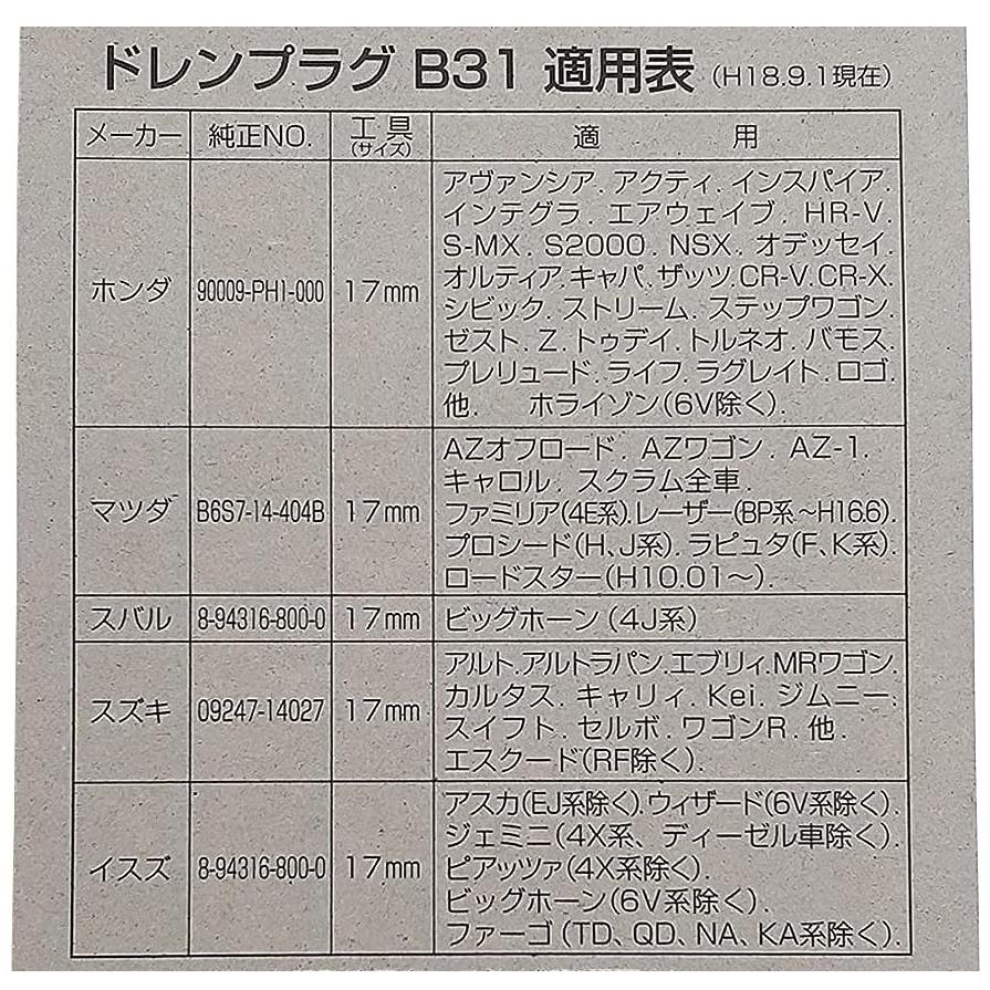 【メール便対応可】B31 B-31 PIAA ピア オイルパン用ドレンプラグ パッキン付 ボルトサイズ14mm×1.5 ホンダ/いすゞ/スズキ/マツダ車用 | PIAA | 01